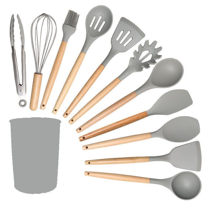 Silicone Kitchen Utensils 12‑Piece Set Light Grey,Non‑Scratch Spatula Soup Spoon 12‑in‑1 Kit,Home Cooking Accessory,Christmas Halloween Decor Matching Kitchen Gift