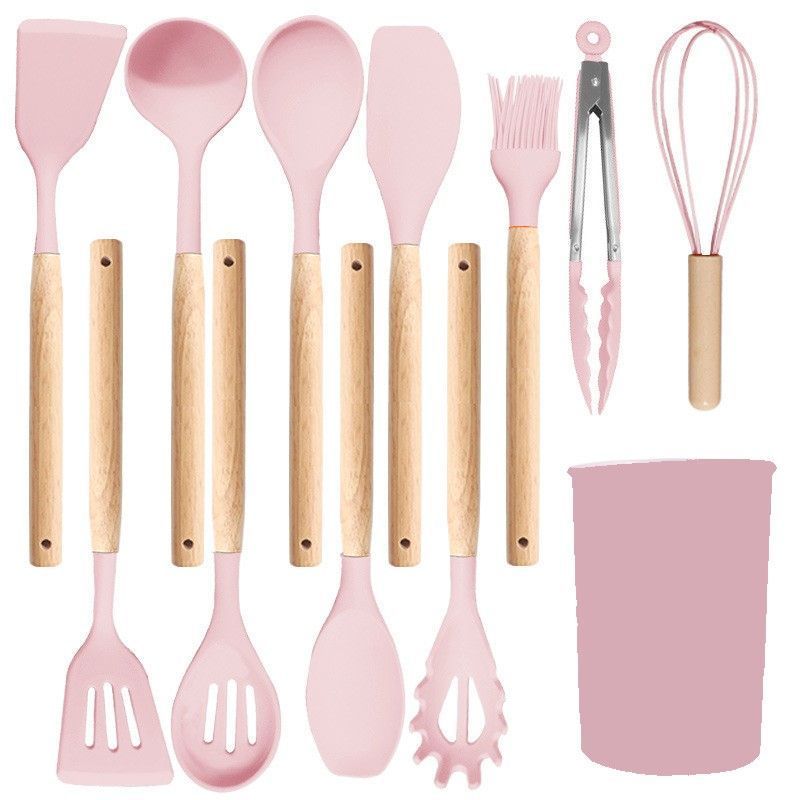 Silicone Kitchen Utensils 12‑Piece Set Pink,Practical Spatula Soup Spoon Kit for Non‑Stick Cookware,Home Cooking Essential,Christmas Halloween Themed Party Kitchen Present