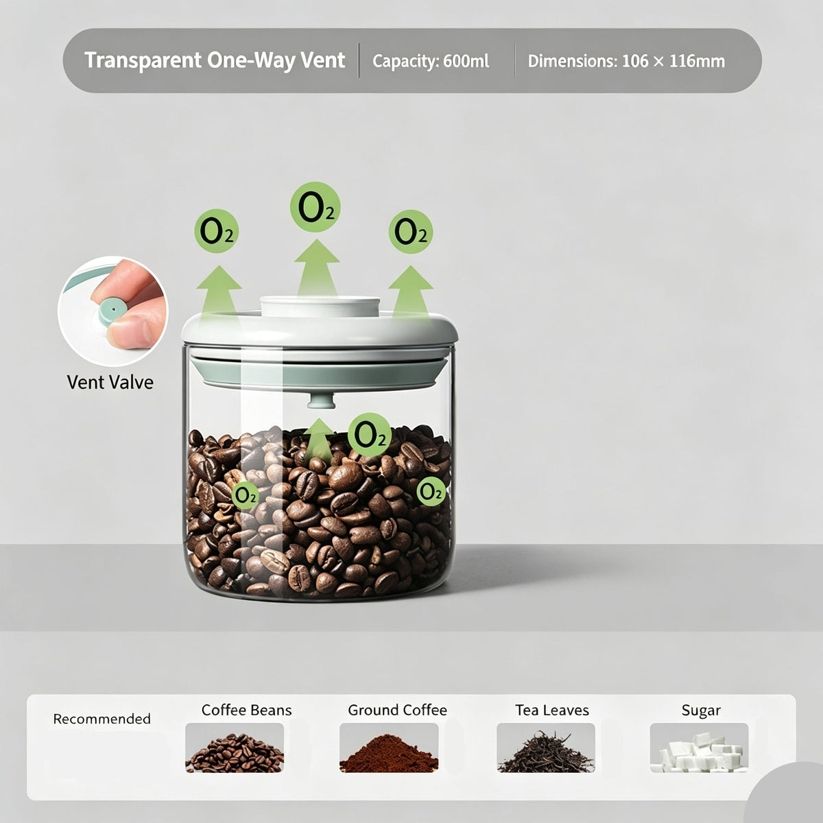 Round High Borosilicate Glass Sealed Jar 600ml With Transparent Grey Lid,Airtight Canister for Coffee Powder Tea and Coffee Beans,Moisture‑Proof Kitchen Container,Christmas Halloween Household Present