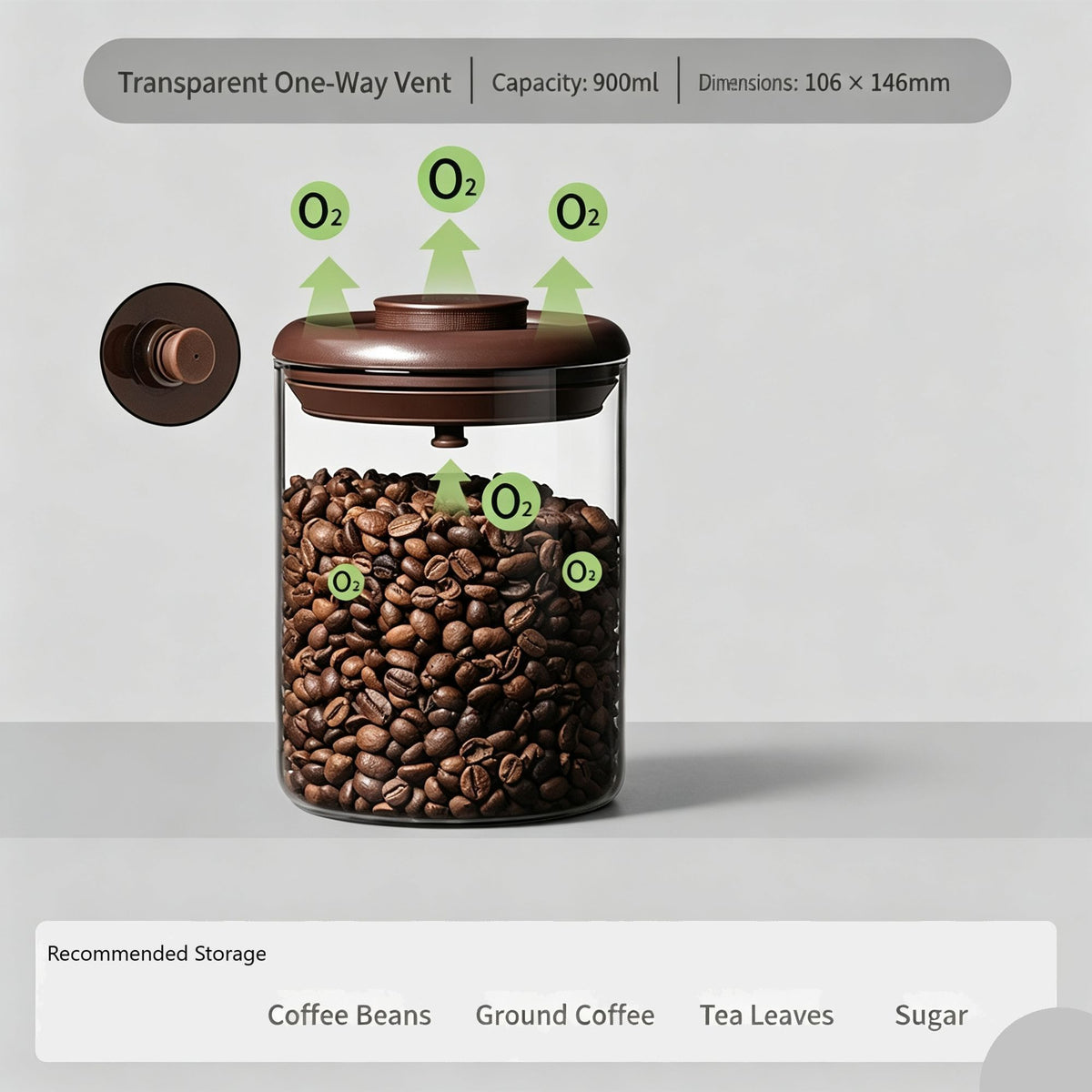 Round High Borosilicate Glass Sealed Canister 900ml With Transparent Brown Lid,Airtight Container for Coffee Beans Tea Leaves Ground Coffee,Countertop Food Storage Jar,Christmas Halloween Holiday Kitchen Present