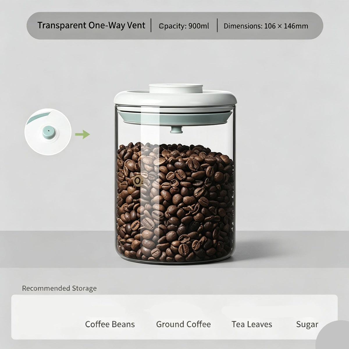 Round High Borosilicate Glass Sealed Storage Jar 900ml With Transparent Grey Lid,Airtight Canister for Coffee Beans Tea Leaves Ground Coffee,Desk‑Top Pantry Container,Christmas Halloween Kitchen Accessory Present