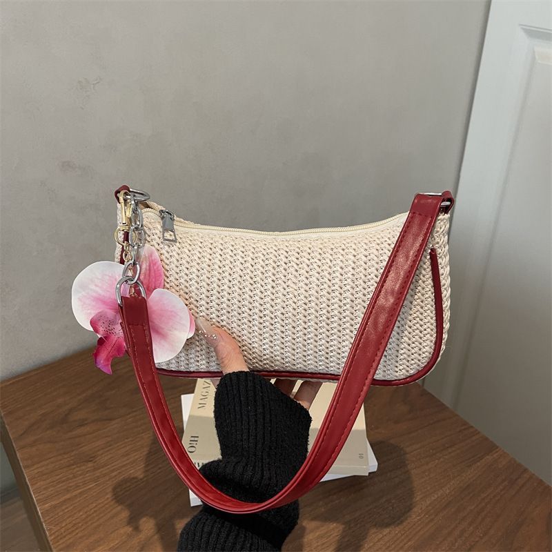 Designer Style Woven Underarm Handbag, Solid Color Fashion Single Shoulder Bag With Flower Pendant, Red, Premium Daily Matching Accessory, Christmas Halloween Holiday Present