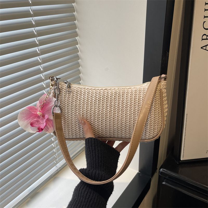 Elegant Solid Woven Underarm Purse, Casual Versatile Shoulder Bag With Orchid Pendant, Khaki, Modern Stylish Women Accessory, Christmas Halloween Daily Fashion Gift