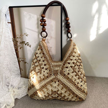 Versatile Paper Rope Woven Vacation Shoulder Bag, Brown Mixed Color Crochet Straw Handbag, Chic Beach Travel Accessory, Christmas Halloween Holiday Gift for Her