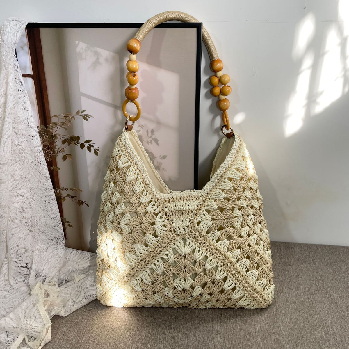 Casual Crochet Straw Beach Handbag, Beige Mixed Tone Paper Rope Woven Shoulder Bag, Stylish Travel Daily Purse, Christmas Halloween Fashion Holiday Present