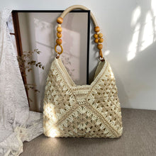 Casual Crochet Straw Beach Handbag, Beige Mixed Tone Paper Rope Woven Shoulder Bag, Stylish Travel Daily Purse, Christmas Halloween Fashion Holiday Present