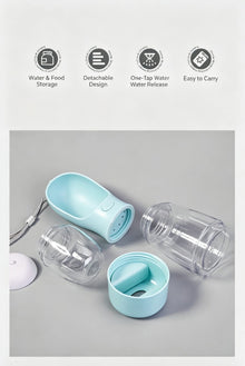 3-in-1 Outdoor Pet Water & Food Travel Bottle for Cats & Dogs, Sky Blue, 400ml Water 150ml Food Storage With Waste Bag Box & Hand Strap, Multi-Functional Walking Supply, Christmas Halloween Pet Lover Gift