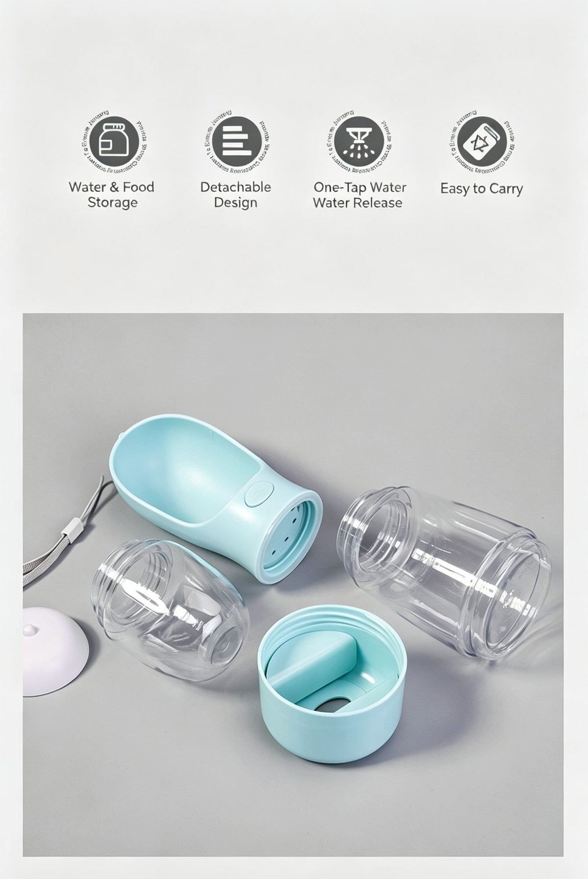 3-in-1 Outdoor Pet Water & Food Travel Bottle for Cats & Dogs, Sky Blue, 400ml Water 150ml Food Storage With Waste Bag Box & Hand Strap, Multi-Functional Walking Supply, Christmas Halloween Pet Lover Gift