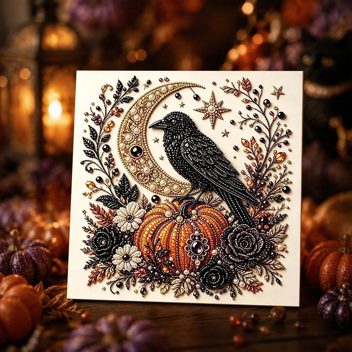 DIY Acrylic Pearl Painting Kit 20x20cm Stretched Frame Pearl Tool Set Gloomy Moon Raven Pattern Ideal Halloween Gift