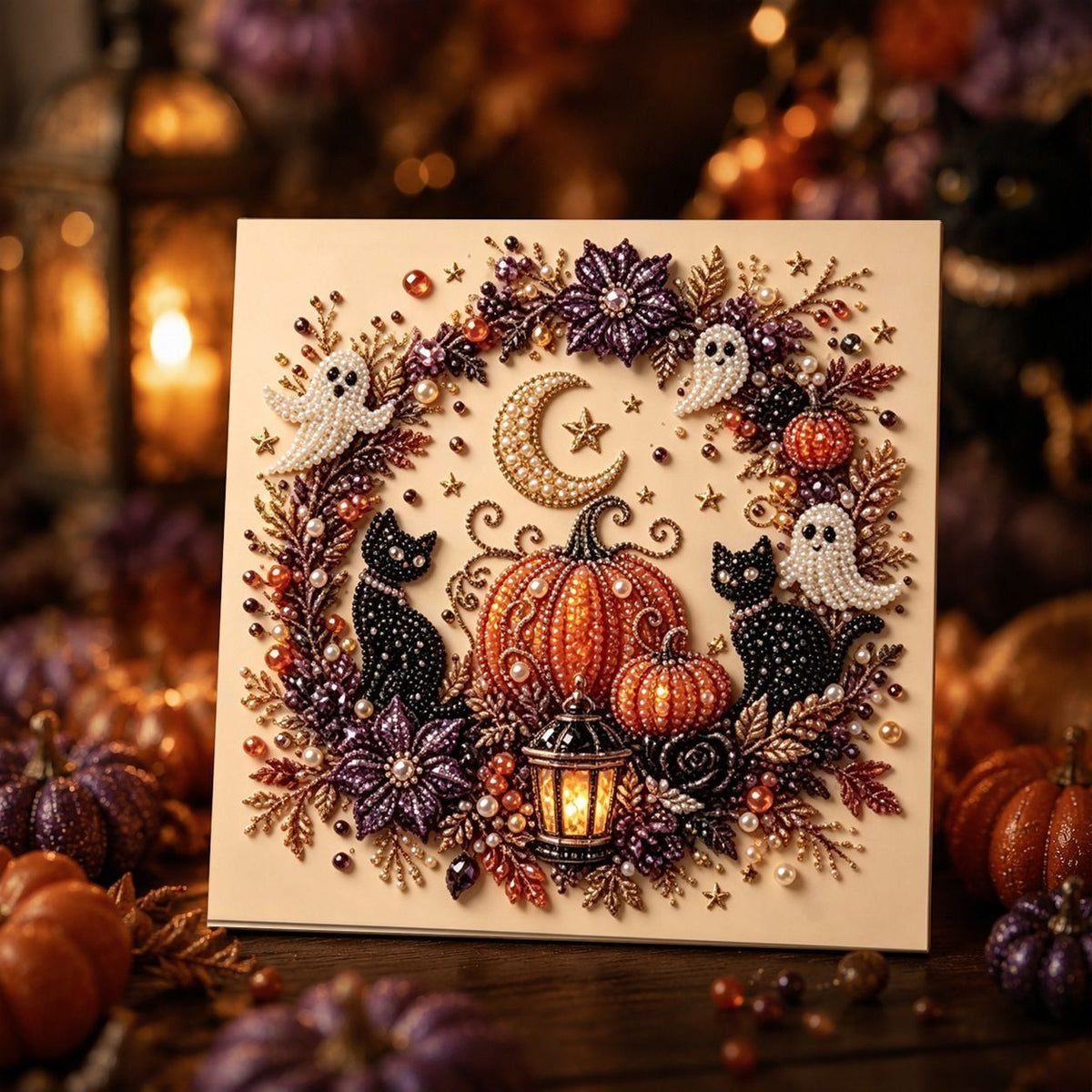 Handmade Acrylic Pearl Art Set 20x20cm Stretched Frame Pearl Kit Moon Spirit Cat Pattern Great Halloween Present