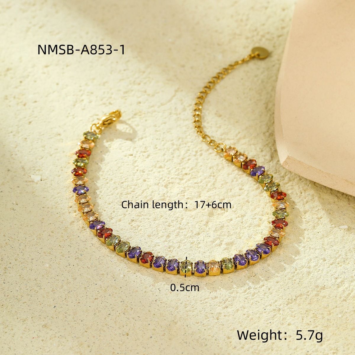 08 Rainbow Color Zircon Gold | Titanium Steel Tennis Bracelet | Halloween Sweet Cool Gift | Gold Plated Stainless Steel Colorful CZ Stackable Bangle