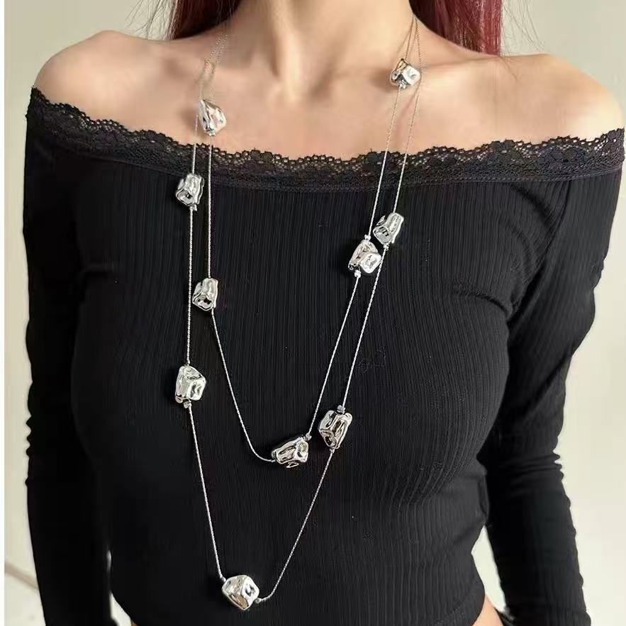 Irregular Layered | Asymmetric Y2K Beaded Necklace | Halloween Niche Design Gift | Uneven Stacked Clavicle Chain Unique Spicy Girl Accessory