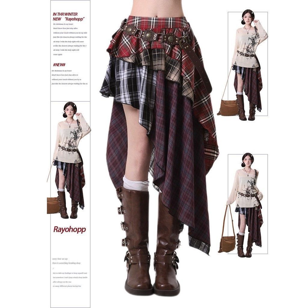 Plaid Size XL | Retro Irregular Check Skirt | Halloween Plus Size Spicy Girl Gift | Curvy Fit High Waist Sweet Cool Pleated Skirt