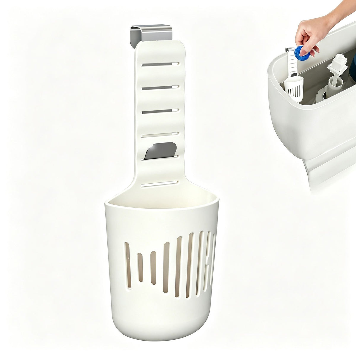 White Metal Hook | Clean Look Toilet Tank Cleaner Rack | Halloween Tidy Home Gift | Sturdy No-Adhesive Hanging Tablet Stand