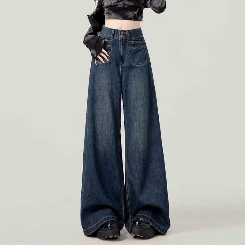 Vintage Blue Size M | Retro High Waist Straight Denim Jeans | Halloween Daily Versatile Gift | Double Button Loose Fit Wide Leg Casual Long Trousers