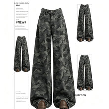 Camo Size S | Retro Workwear Wide Leg Camo Denim | Halloween Y2K Spicy Girl Gift | High Waist Figure-Flattering Loose Long Jeans