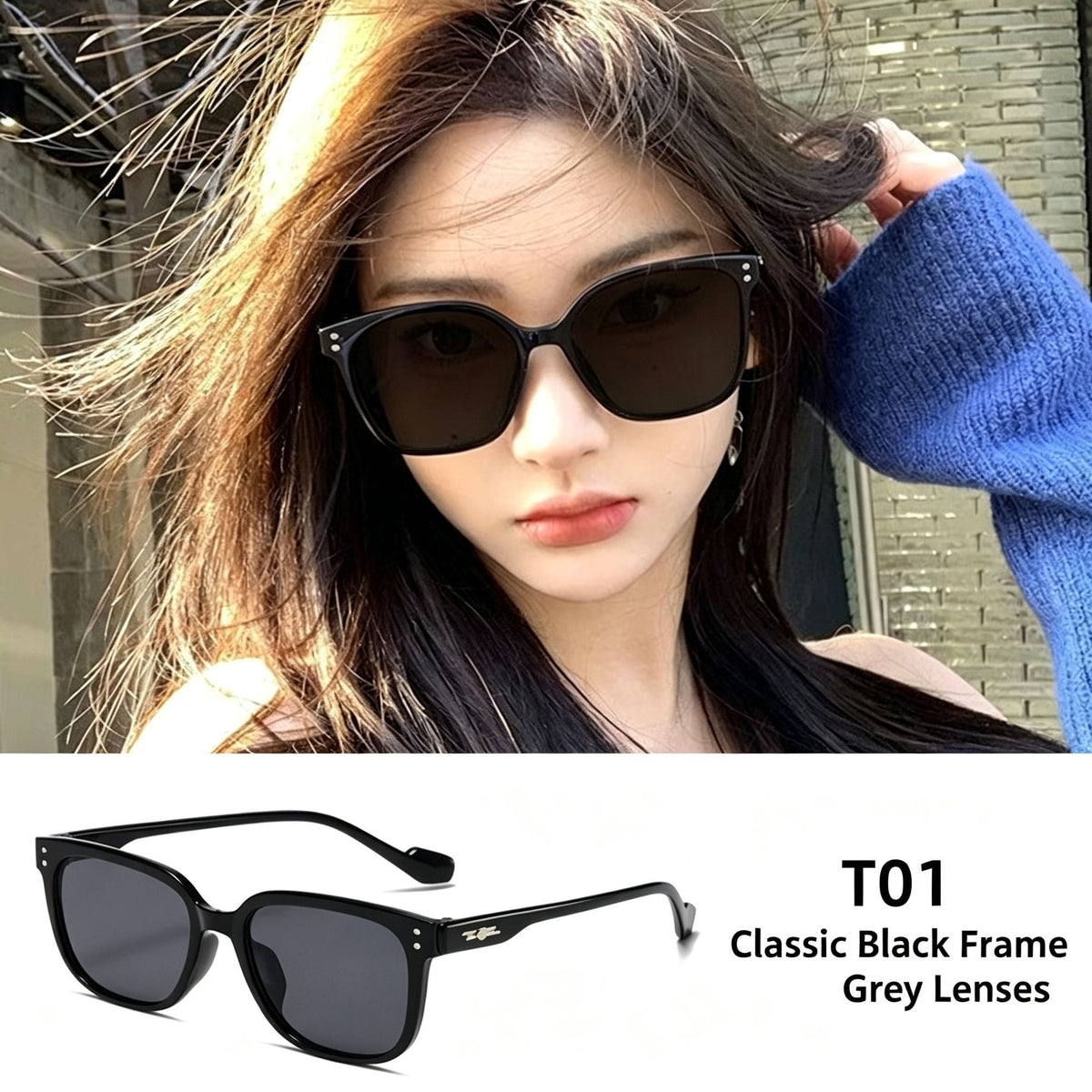 T01 Black Frame Gray Lens | UV400 All-Match Sunglasses | Halloween Everyday Essential Gift | Classic Universal Daily Wear Sun Glasses