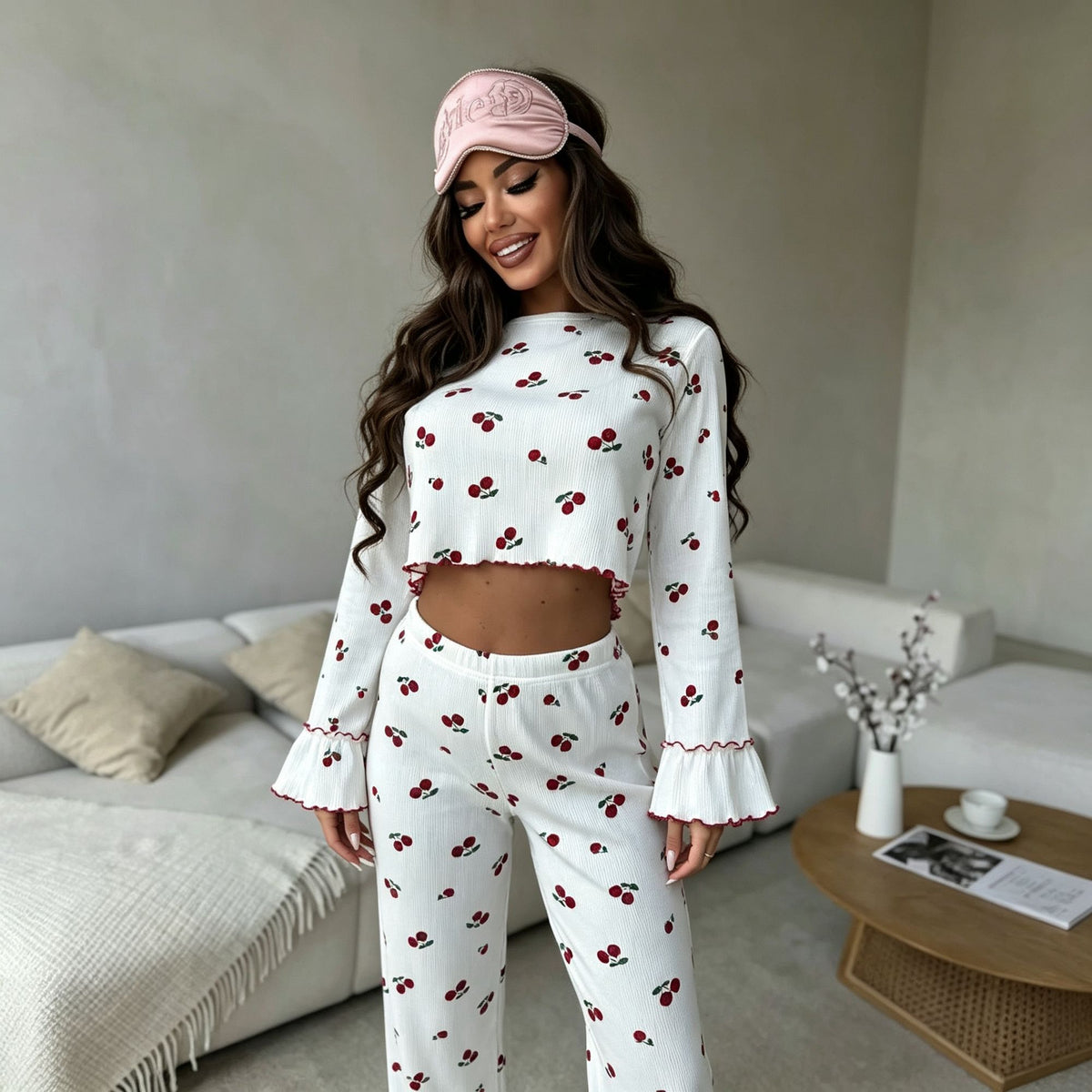 White Base Cherry Size M | Flared Sleeve Ruffle Trim Sleepwear Set | Halloween Daily Casual Gift | All-Match Print Long Sleeve Long Pants Women's Homewear
