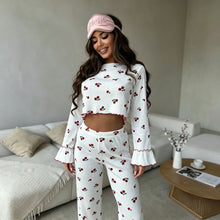 White Base Cherry Size XL | Plus Size Cherry Print Loungewear | Halloween Curvy Friendly Gift | Roomy Flared Sleeve Long Pants Women's Homewear Set