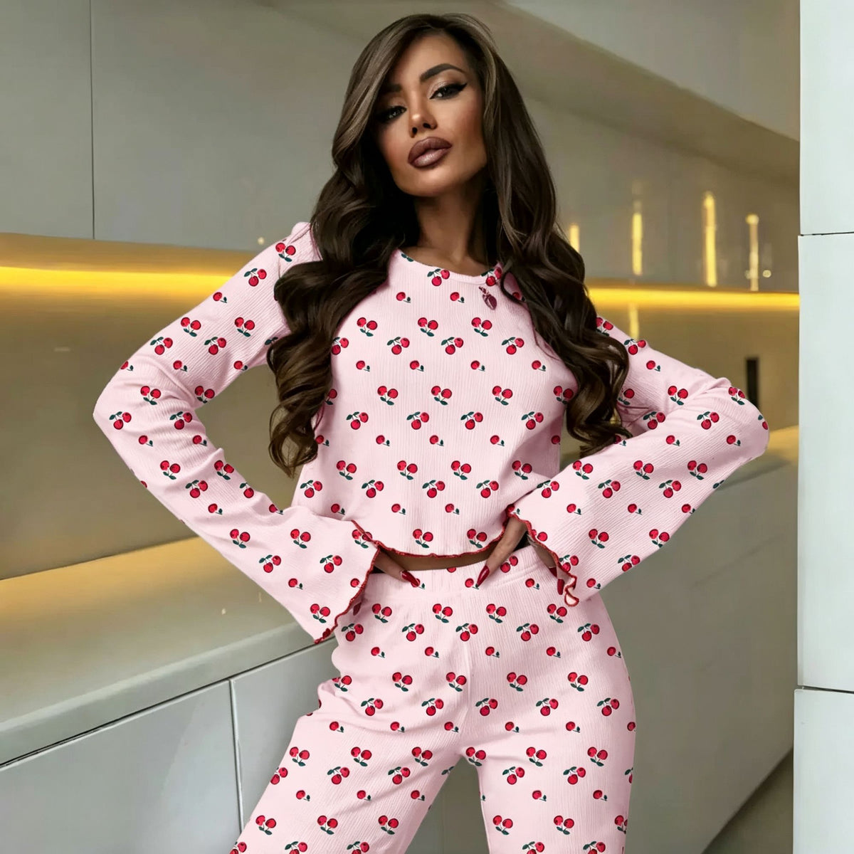 Pink Cherry Size XL | Plus Size Pink Cherry Loungewear | Halloween Roomy Sweet Gift | Roomy Flared Sleeve Long Pants Women's Homewear Set