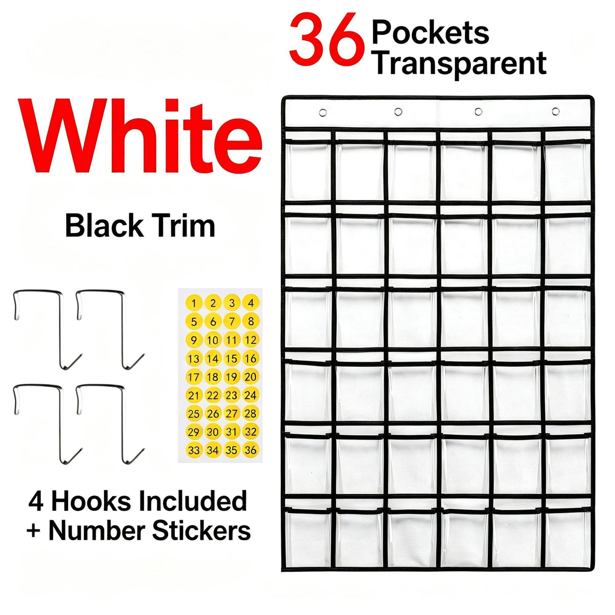 White 36 Pockets | Labeled Hanging Storage Bag | Halloween Clean & Tidy Gift | Bright Multi-Pocket for Classroom Office Card Phone Storage