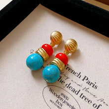 Gold Silver Needle Earrings with Blue & Orange Stones | Halloween Warm Contrast Gift | Blue-Orange Rhinestone Heart Earrings Bold Retro