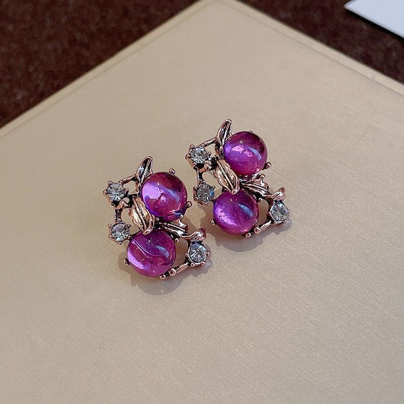 Gold Silver Needle Earrings with Purple Stone | Halloween Regal Retro Gift | Purple Rhinestone Heart Earrings Vintage Luxury Jewelry