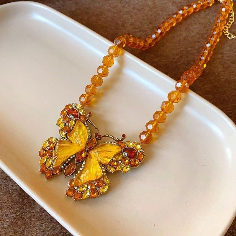 Gold Necklace with Yellow Stone | Halloween Sunny Chic Gift | Yellow Rhinestone Flower Heart Necklace Bright Retro Jewelry