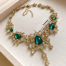 Gold Necklace with Green Stone | Halloween Emerald Retro Gift | Green Rhinestone Flower Heart Necklace Vintage Luxury