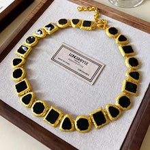 Gold Necklace with Black Stone | Halloween Noir Vintage Gift | Black Rhinestone Heart Pendant Necklace Retro Statement Jewelry