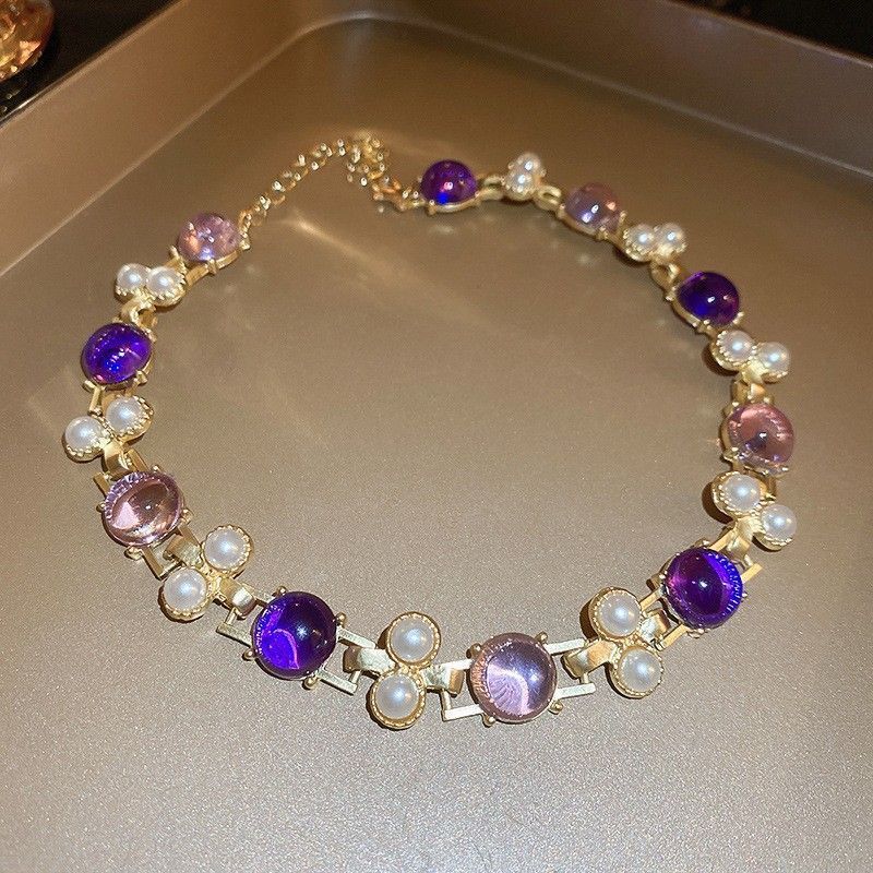 Gold Necklace with Purple Stone | Halloween Violet Vintage Gift | Purple Rhinestone Floral Heart Necklace Vintage Elegant