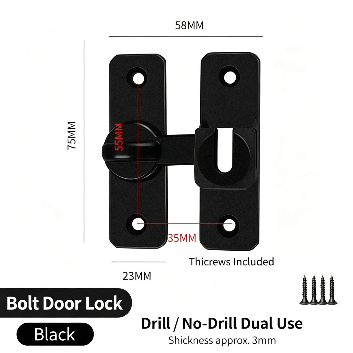 Black 90°/180° Universal Door Latch Bolt with Screws | Halloween Minimalist Heavy-Duty Gift | Matte Slide Door Lock Buckle Sturdy Anti-Theft Door Clasp