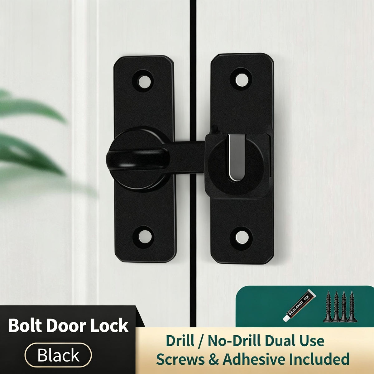 Black 90°/180° Universal Door Latch Bolt with Screws & No-Drill Adhesive | Halloween No-Drill Security Gift | Drill-Free Sliding Door Bolt Lock Buckle Easy Install