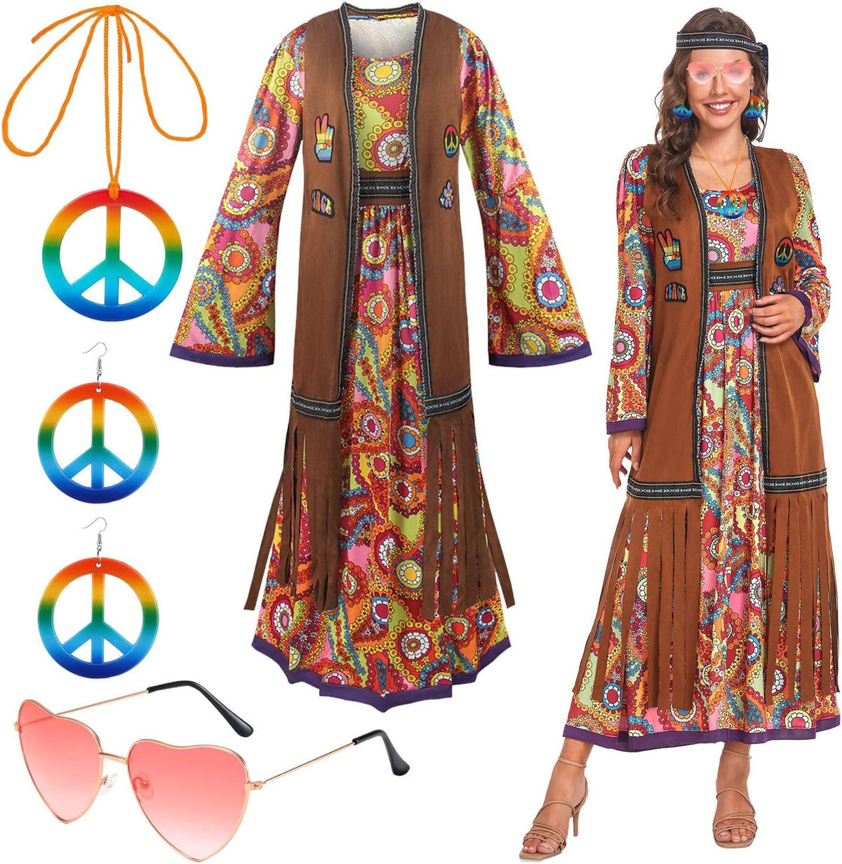 60s costume women, hippie women's dress set, 70s disco halloween outfits, hippie clothing women's costume, 60s clothing accessories M