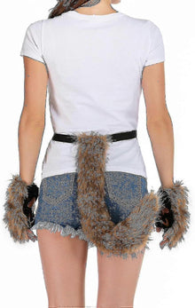 Artificial Fur Fox Tail Cat Werewolf Cosplay Costume Set Plush Mask Fluffy Paws Gloves Halloween Christmas Grass yellow One Size