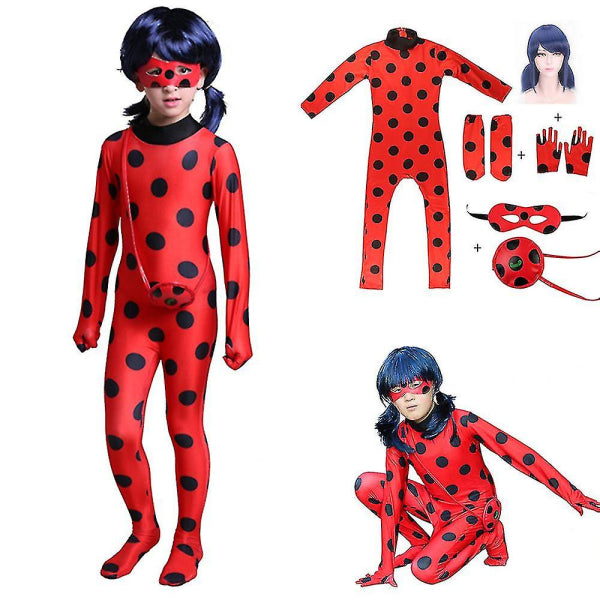 Bimirth Kids Girls Ladybug Cosplay Set Halloween Party Jumpsuit Costume with Blindfold, Wig, Bag 140 (130-140cm)_tfrf 140 (130-140cm)