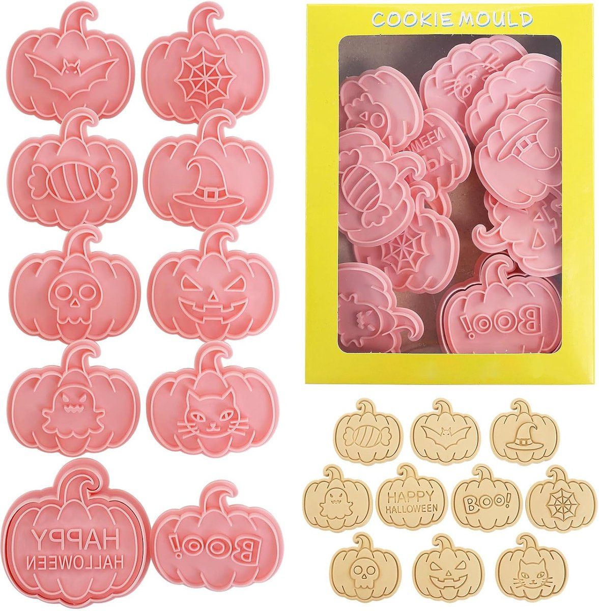 10 Pack Halloween Cookie Cutters with 3D Ghost Stamps Style I
