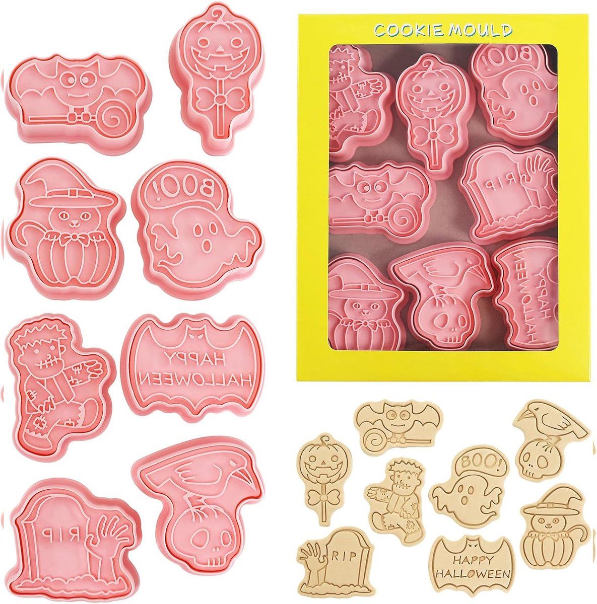 8 Pack Halloween Cookie Cutters with 3D Ghost Stamps Style D