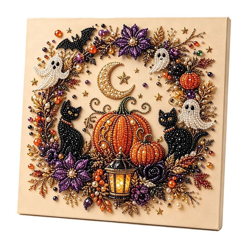 Halloween Black Cat Diamond Painting Art 20x20cm - Rhinestone & Pearl Decor