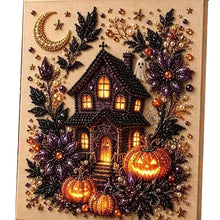 Halloween Moon Haunted House Rhinestone Pearl Painting Wall Art 20x20cm