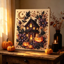 Halloween Moon Haunted House Rhinestone Pearl Painting Wall Art 20x20cm
