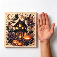Halloween Moon Haunted House Rhinestone Pearl Painting Wall Art 20x20cm