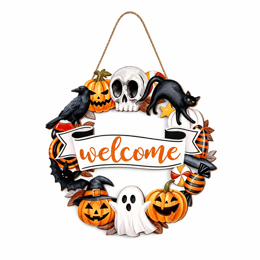 Halloween Welcome Wreath Skull Crow Wooden Hanging Sign 12inch
