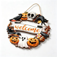 Halloween Welcome Wreath Skull Crow Wooden Hanging Sign 12inch