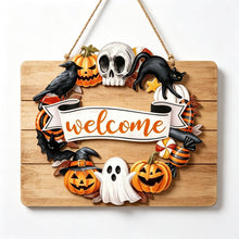 Halloween Welcome Wreath Skull Crow Wooden Hanging Sign 12inch