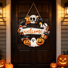 Halloween Welcome Wreath Skull Crow Wooden Hanging Sign 12inch