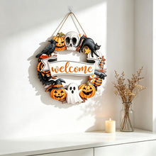 Halloween Welcome Wreath Skull Crow Wooden Hanging Sign 12inch