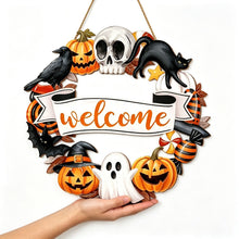 Halloween Welcome Wreath Skull Crow Wooden Hanging Sign 12inch