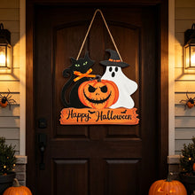 Halloween Black Cat Ghost Pumpkin Wooden Hanging Sign 11inch