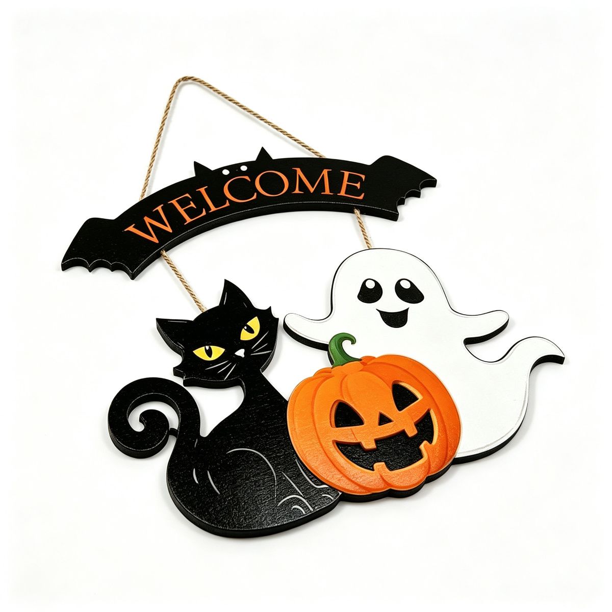 Halloween Welcome Black Cat Ghost Wooden Hanging Sign 12inch